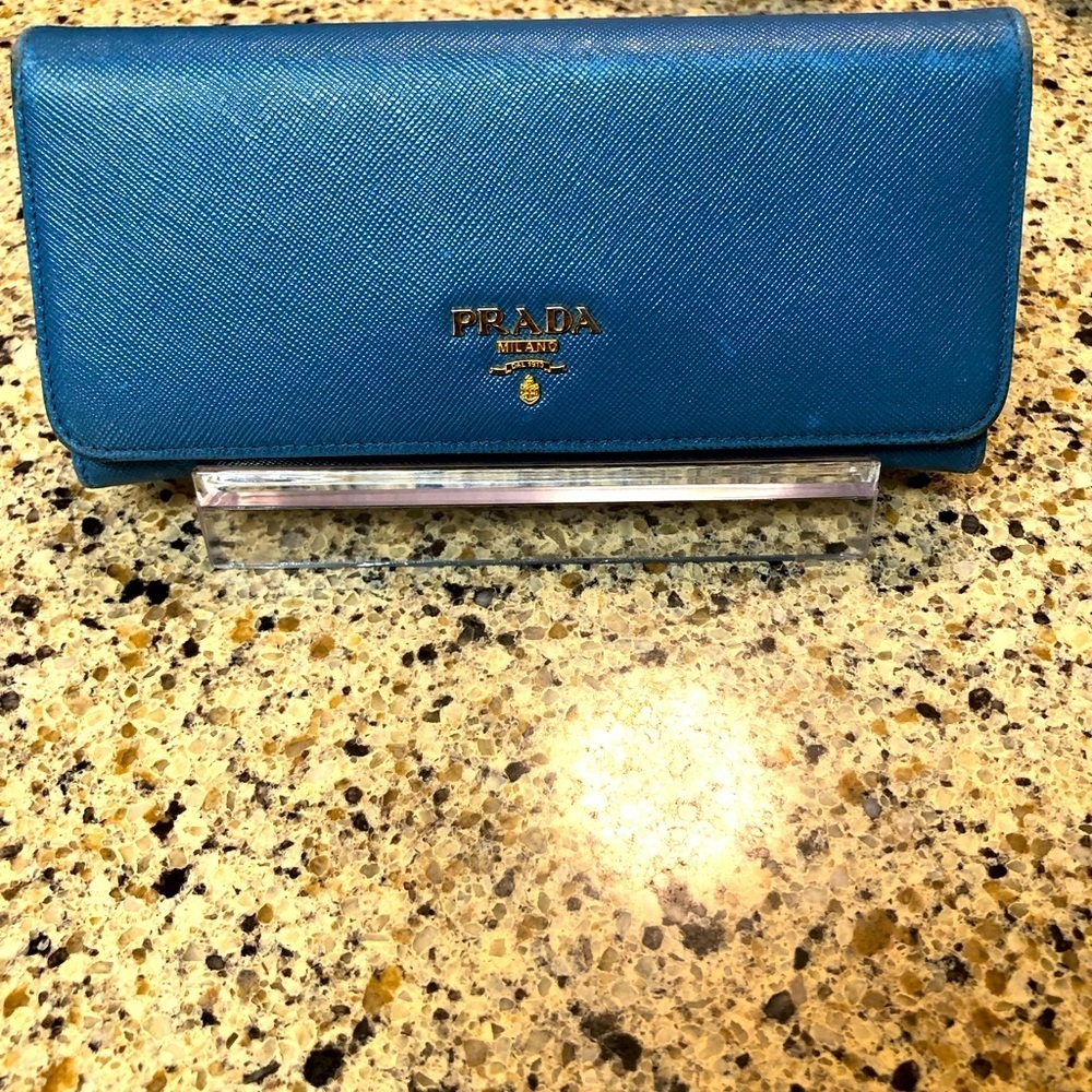 Prada Blue Saffiano Leather Flap Continental Wallet